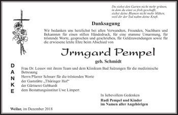 Traueranzeige von Irmgard Pempel von Südthüringer Presse