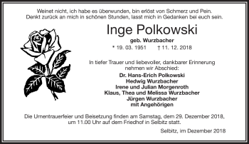 Traueranzeige von Inge Polkowski von Frankenpost