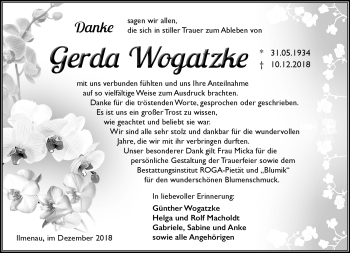 Traueranzeige von Gerda Wogatzke von Südthüringer Presse