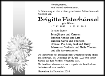 Traueranzeige von Brigitte Peterhänsel von Südthüringer Presse