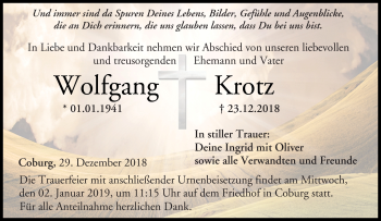 Traueranzeige von Wolfgang Krotz von Neue Presse Coburg