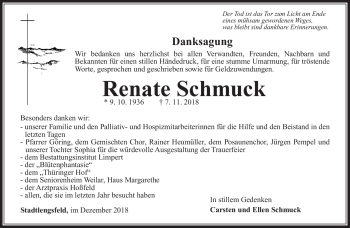 Traueranzeige von Renate Schmuck von Südthüringer Presse
