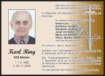 Traueranzeige von Karl Ring von Neue Presse Coburg