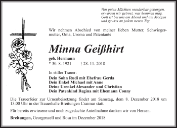 Traueranzeige von Minna Geißhirt von Südthüringer Presse