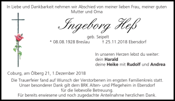 Traueranzeige von Ingeborg Heß von Neue Presse Coburg