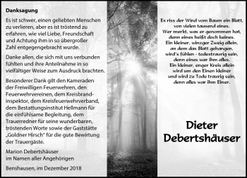 Traueranzeige von Dieter Debersthäuser von Südthüringer Presse