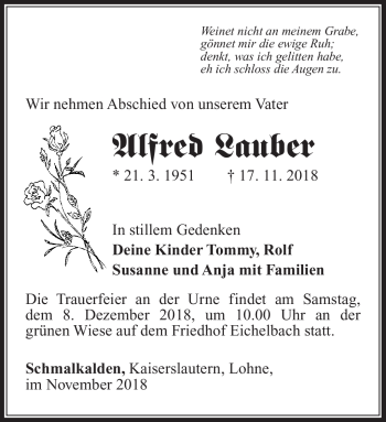 Traueranzeige von Alfred Lauber von Südthüringer Presse