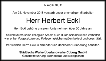 Traueranzeige von Herbert Eckl von Neue Presse Coburg