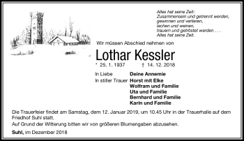 Traueranzeige von Lothar Kessler von Südthüringer Presse