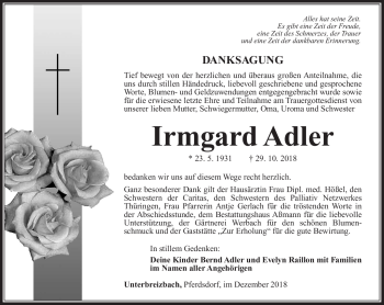 Traueranzeige von Irmgard Adler von Südthüringer Presse