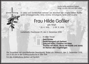 Traueranzeige von Hilde Goßler von Frankenpost