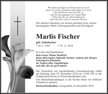 Traueranzeige von Marlis Fischer von Südthüringer Presse