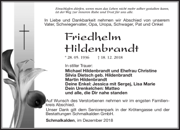 Traueranzeige von Friedhelm Hildenbrandt von Südthüringer Presse
