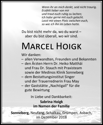 Traueranzeige von Marcel Hoigk von Südthüringer Presse