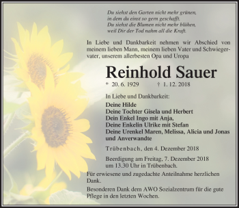 Traueranzeige von Reinhold Sauer von Neue Presse Coburg