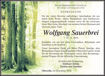 Traueranzeige von Wolfgang Sauerbrei von Südthüringer Presse