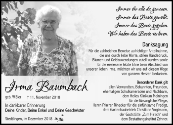Traueranzeige von Irma Baumbach von Südthüringer Presse