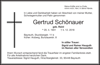 Traueranzeige von Gertrud Schönauer von Frankenpost