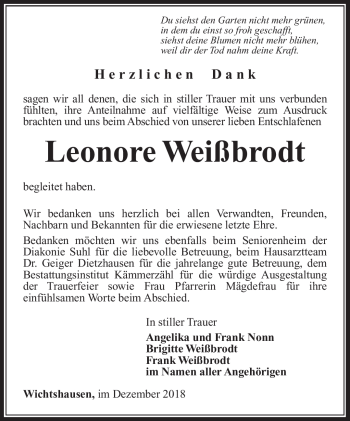 Traueranzeige von Leonore Weißbrodt von Südthüringer Presse