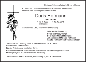 Traueranzeige von Doris Hofmann von Frankenpost