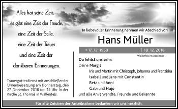 Traueranzeige von Hans Müller von Neue Presse Coburg