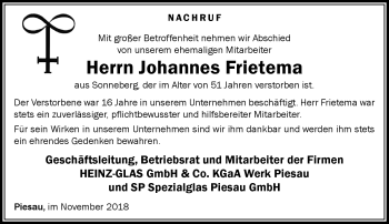 Traueranzeige von Johannes Frietema von Südthüringer Presse