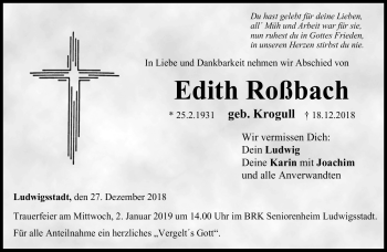 Traueranzeige von Edith Roßbach von Neue Presse Coburg