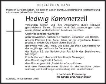 Traueranzeige von Hedwig Kammerzell von Südthüringer Presse