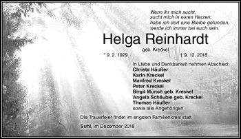 Traueranzeige von Helga Reinhardt von Südthüringer Presse