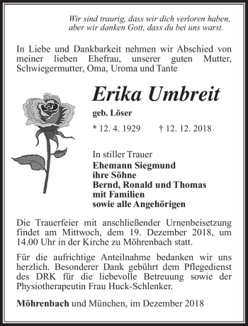 Traueranzeige von Erika Umbreit von Südthüringer Presse