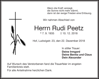 Traueranzeige von Rudi Peetz von Frankenpost