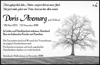 Traueranzeige von Doris Avemarg von Südthüringer Presse
