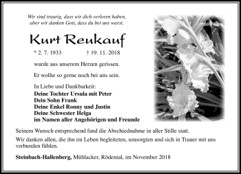Traueranzeige von Kurt Reukauf von Südthüringer Presse