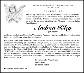 Traueranzeige von Andrea Kley von Südthüringer Presse