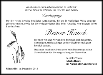 Traueranzeige von Reiner Hauck von Südthüringer Presse