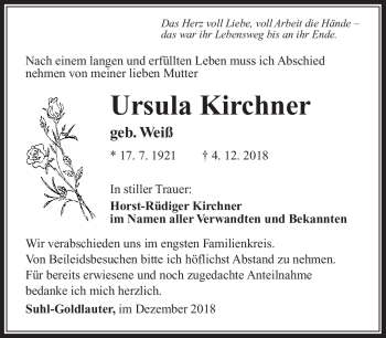 Traueranzeige von Ursula Kirchner von Südthüringer Presse