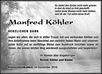 Traueranzeige von Manfred Köhler von Südthüringer Presse