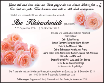 Traueranzeige von Ilse Kleinschmidt von Südthüringer Presse