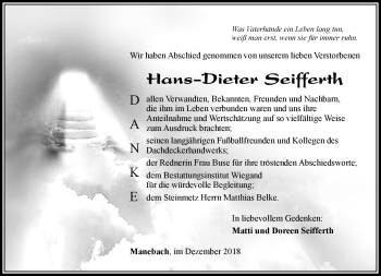 Traueranzeige von Hans-Dieter Seifferth von Südthüringer Presse