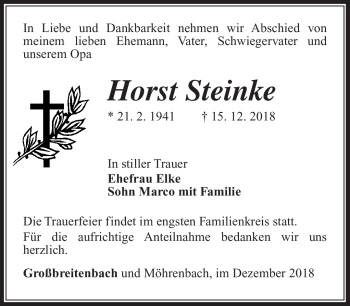 Traueranzeige von Horst Steinke von Südthüringer Presse