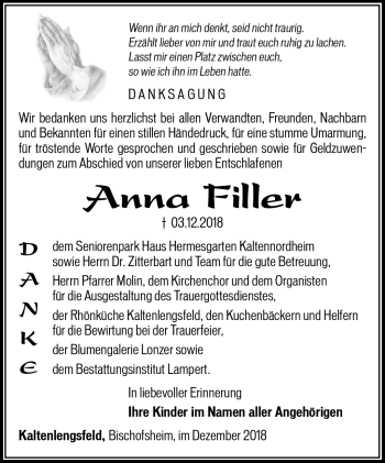 Traueranzeige von Anna Filler von Südthüringer Presse