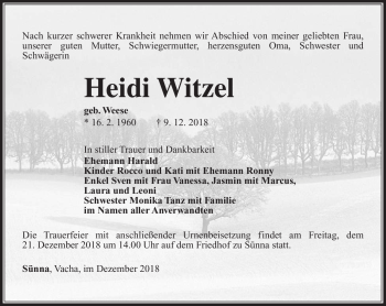 Traueranzeige von Heidi Witzel von Südthüringer Presse
