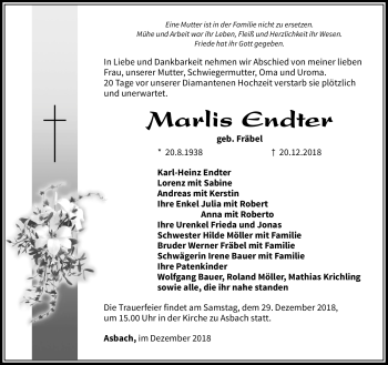 Traueranzeige von Marlis Endter von Südthüringer Presse