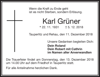 Traueranzeige von Karl Grüner von Frankenpost