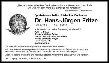 Traueranzeige von Hans-Jürgen Fritze von Südthüringer Presse