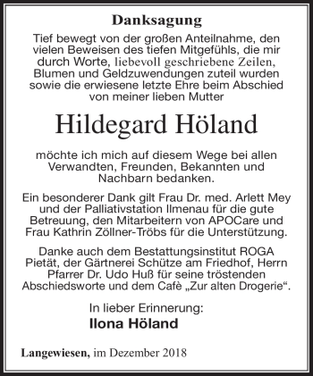 Traueranzeige von Hildegard Höland von Südthüringer Presse