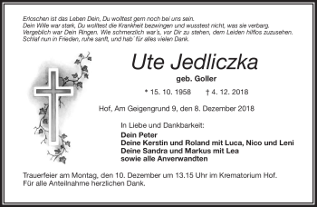 Traueranzeige von Ute Jedlicka von Frankenpost
