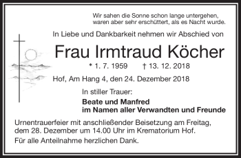 Traueranzeige von Irmtraud Köcher von Frankenpost