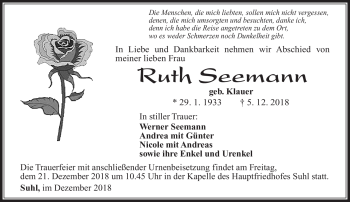 Traueranzeige von Ruth Seemann von Südthüringer Presse