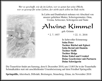 Traueranzeige von Alwine Kimmel von Südthüringer Presse